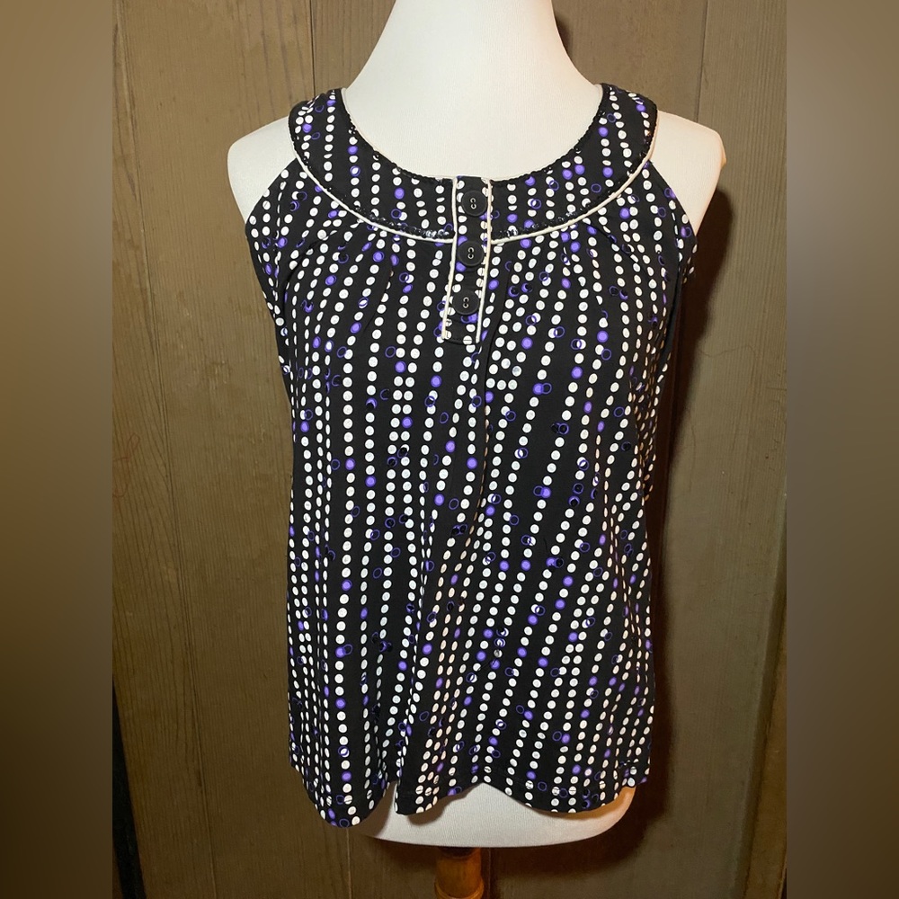 Style & Co black with white and purple dot blouse